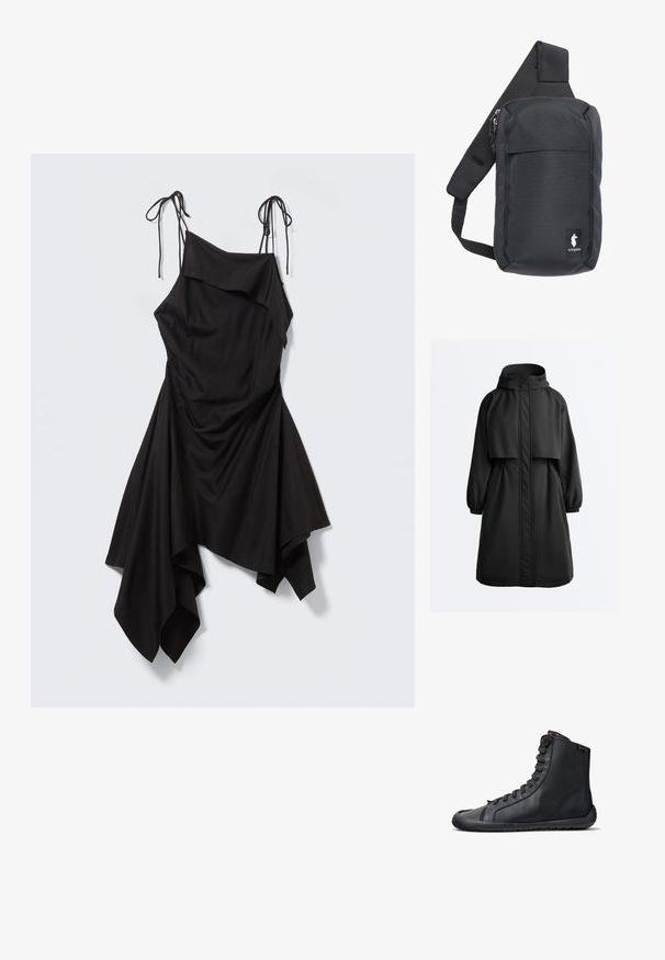 Sort lang parka med hætte, elastiske manchetter, forreste lynlås dækket af en stormklap og en kappeoverdel på skuldrene.; Sort asymmetrisk kjole med tynde bindebånd, draperet bodice og lommetørklædeformet kant på en lysegrå baggrund.; Sort højtop læder sneaker med sorte snørebånd, flad sål og mærketag ved anklen, vist fra siden på hvid baggrund.; Sort crossbody taske lavet af slidstærkt stof, med en polstret, åndbar rem, lynlåslommer og en logomærkat foran.