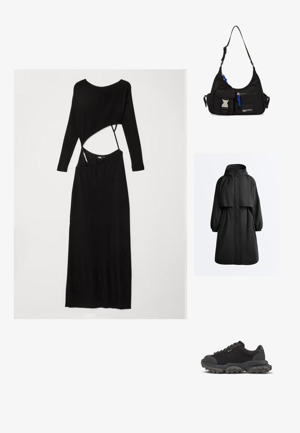 Zwarte lange parka-jas met capuchon, elastische manchetten, ritssluiting aan de voorkant bedekt met een stormklep en een kapmantel over de schouders.; Zwarte geribbelde jurk met lange mouwen, een getailleerd silhouet, asymmetrische uitsnede bij de taille en een soepele textuur.; Zwarte wandelschoenen met een stevige, gestructureerde zool, bovenkant van mesh en rode accenten, ontworpen voor duurzaamheid en buitensportactiviteiten.; Zwarte nylon schoudertas met een gebogen vorm, verstelbare schouderriem, voorvak met sluiting, blauwe accenten en logo-detail.