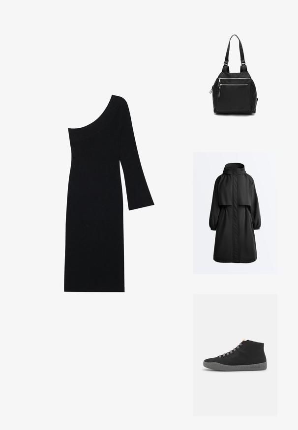 Schwarzer langer Parka mit Kapuze, elastischen Bündchen, Frontreißverschluss mit Sturmklappe und einem Überwurf auf den Schultern.; Schwarzes geripptes Strickkleid mit asymmetrischem Ausschnitt und einem Glockenärmel, mit einer figurschmeichelnden Silhouette bis zum Knie.; Schwarze High-Top-Sneaker mit grauen gesprenkelten Gummisohlen, grauen Schnürsenkeln und einem orangefarbenen Akzent am Reißverschluss. Glattes Textilobermaterial, minimalistisches Design.; Schwarzer Nylonrucksack mit zwei vorderen Reißverschlusstaschen und verstellbaren Schultergurten, vor weißem Hintergrund gezeigt.