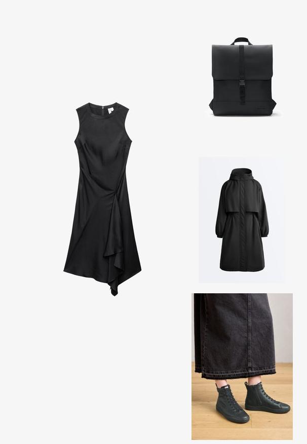 Schwarzer langer Parka mit Kapuze, elastischen Bündchen, Frontreißverschluss mit Sturmklappe und einem Überwurf auf den Schultern.; Ärmelloses schwarzes Kleid mit rundem Ausschnitt und asymmetrischem, drapiertem Saum, ausgestattet mit einem Reißverschluss auf der Rückseite.; Person, die schwarze hochhackige Ledersneaker mit Seitenreißverschluss und Schnürsenkeln trägt, steht auf einem Holzfußboden unter einem knielangen dunklen Rock.; Schwarzer Rucksack aus glattem, mattem Material mit einem umklappbaren Deckel, verstellbarem Tragegurt und Logo-Detail am Boden.