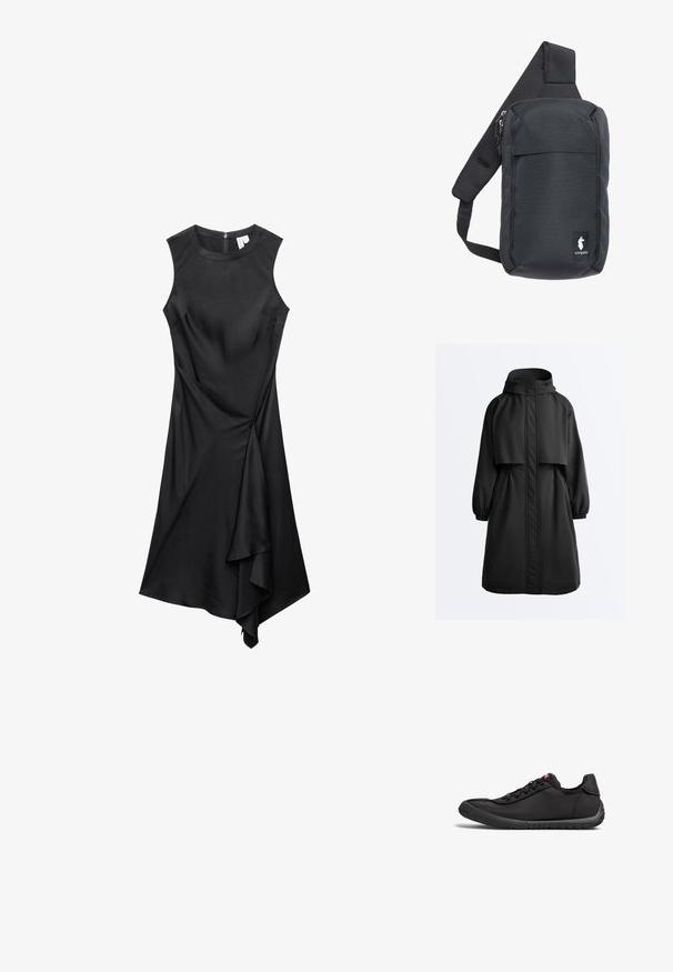 Zwarte lange parka-jas met capuchon, elastische manchetten, ritssluiting aan de voorkant bedekt met een stormklep en een kapmantel over de schouders.; Mouwloze zwarte jurk met ronde halslijn en asymmetrische gedrapeerde zoom, voorzien van een ritssluiting aan de achterkant.; Zwarte sportieve schoenen met een gladde stof bovenkant, rubberen zool, zes oogjes voor veters en een ronde neusontwerp.; Zwarte crossbodytas gemaakt van duurzaam stof, met een gevoerde, ademende band, ritssluitingen en een logolabel aan de voorkant.