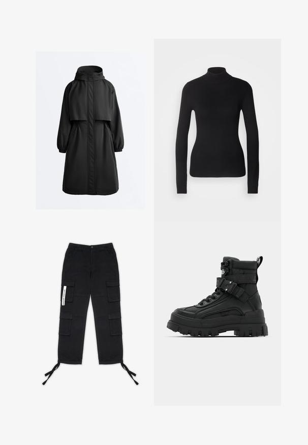 Sort lang parka med hætte, elastiske manchetter, forreste lynlås dækket af en stormklap og en kappeoverdel på skuldrene.; Sort turtleneck sweater lavet af let strikket stof. Har lange ærmer, et tætsiddende design og en blød ribbet tekstur.; Pegador TANAMI WIDE PANTS - Cargobukser - black; Sorte ankelstøvler med en tekstureret overdel, kraftig sål, snørelukning og justerbar rem med logo-detalje. Gummisal med udtalt dækmønster.