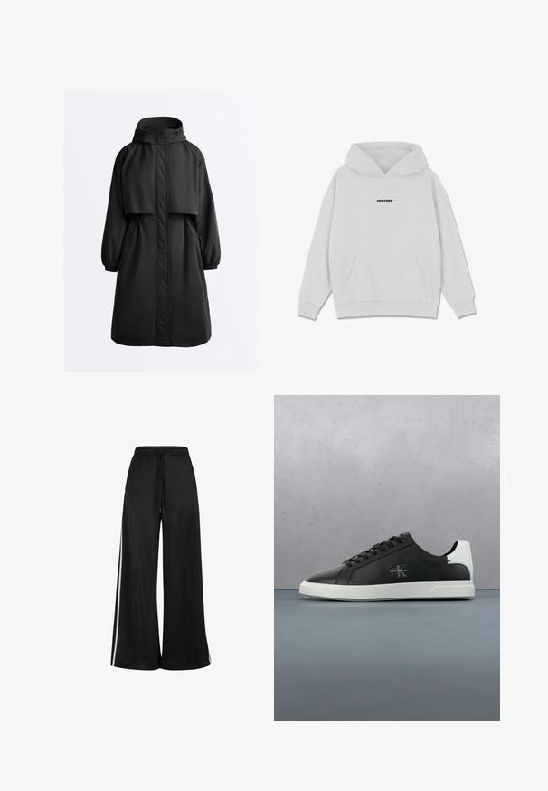 Čierna dlhá parková bunda s kapucňou, elastickými manžetami, predným zipsom zakrytým vetrovkou a plášťovým prekrytím na ramenách.; Pegador CLARITA LOGO OVERSIZED HOODIE - Mikina s kapucňou - washed snow white black; Čierne nohavice s širokými nohavicami vyrobené z hladkej tkaniny s elastickým pásom a nastaviteľnou šnúrkou. Obsahujú biele bočné prúžky.; Čiernobiela teniska Calvin Klein so šnúrkami visiaca nad vonkajšou podlahou s dreveným a kamenným vzorom.