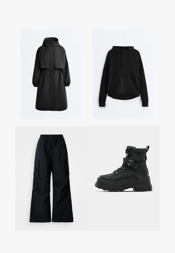 Parka longue noire à capuche avec poignets élastiques, fermeture éclair avant recouverte d'un rabat coupe-vent et une cape superposée sur les épaules.; Sweat-shirt noir à capuche avec manches longues, poche kangourou frontale, cordons de serrage et détail en tissu superposé sur la poitrine et le bas du dos.; Pantalons cargos noirs avec des jambes larges, taille élastique, cordon de serrage ajustable et deux poches latérales. Fabriqués en tissu léger et lisse.; Bottes noires de cheville avec une tige texturée, semelle épaisse, lacets à l'avant et sangle ajustable avec détail de logo. Semelle extérieure en caoutchouc avec un profil prononcé.