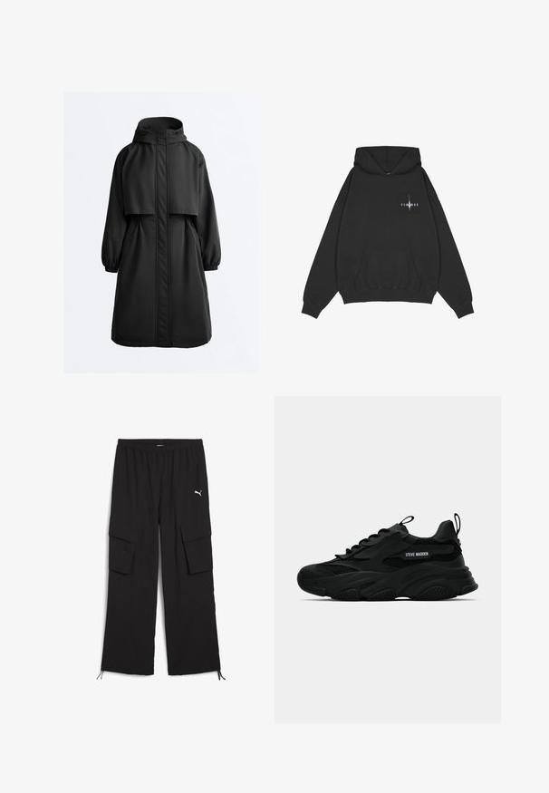 Sort lang parka med hætte, elastiske manchetter, forreste lynlås dækket af en stormklap og en kappeoverdel på skuldrene.; Pegador Hættetrøje - washed black; Svarte cargo-bukser med bred ben-design, elastisk talje, to sidelommer og snoretræk ved kanten. Har et lille hvidt logo.; Sort Steve Madden chunky sneakers med meshpaneler, tyk sål, trækkeanordninger på tunge og hæl, side logo-tekst, vist i profil.