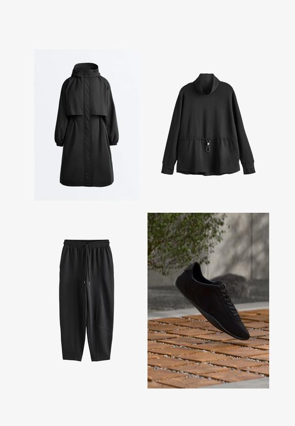 Zwarte lange parka-jas met capuchon, elastische manchetten, ritssluiting aan de voorkant bedekt met een stormklep en een kapmantel over de schouders.; Zwarte trui met lange mouwen, hoge hals en verstelbare trekkoord in de taille, met brede manchetten en een comfortabele pasvorm.; Zwarte taps toelopende joggingbroek met elastische tailleband en trekkoord, met naaddetails aan de voorkant en een losse pasvorm.; Zwarte veter-achtige sneaker zwevend boven een houten en kiezelmotief vloer met groen loof en een grijze muur op de achtergrond.