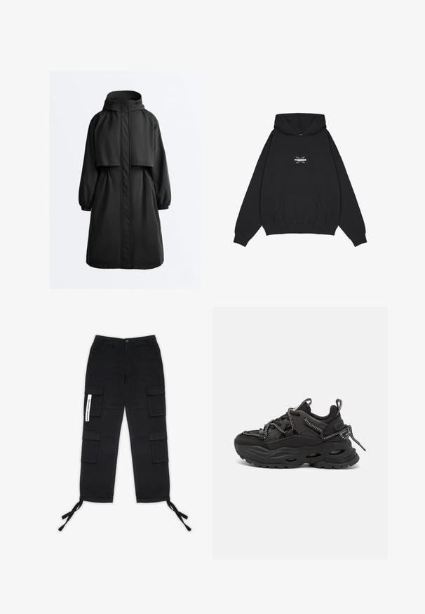 Zwarte lange parka-jas met capuchon, elastische manchetten, ritssluiting aan de voorkant bedekt met een stormklep en een kapmantel over de schouders.; Pegador BELLY OVERSIZED HOODIE - Hoodie - washed black; Pegador TANAMI WIDE PANTS - Cargobroek - black; Zwarte sportieve schoenen met een textuurstof bovenkant, dikke rubberen zool en contrasterende veters. Beschikt over een versterkte hiel en branding.