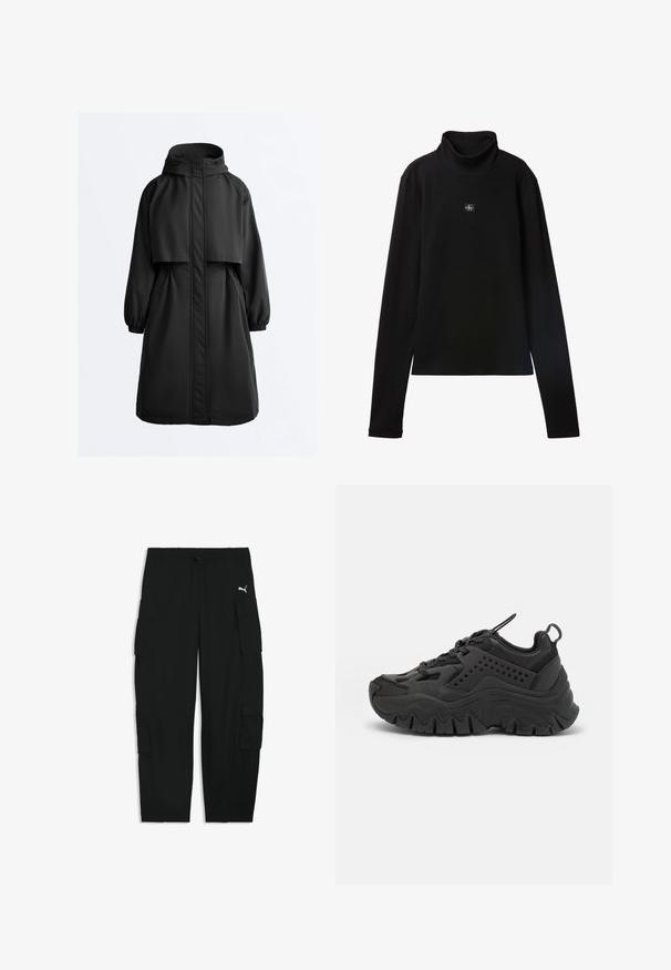 Zwarte lange parka-jas met capuchon, elastische manchetten, ritssluiting aan de voorkant bedekt met een stormklep en een kapmantel over de schouders.; Zwarte geribde coltrui met lange mouwen en een klein vierkant Calvin Klein-logo midden op de borst.; Zwarte cargobroek met elastische tailleband, trekkoord, zijflapzakken en een klein wit Puma-logo op de rechterdij.; Zwarte sportschoenen met een robuuste zool, een gladde synthetische bovenkant, geperforeerde accenten en een ronde neus. Voorzien van vetersluiting en een trekband.