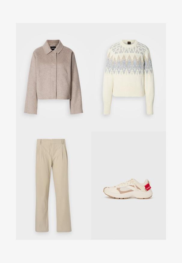 Beskåret uldfrakke i lys beige med krave, lange ærmer og et rent frontdesign. Blød tekstur uden synlige lukninger.; Kremfarvet striktrøje med ribstrikkede ærmekanter og kant forneden, med blå og beige geometriske mønstre over bryst og øverste del af ærmerne.; Beige brede benbukser lavet af bomuldsblanding; har folder foran, lige snit og bælteløkker. Glat tekstur, ingen mønstre.; Cremefarvede og beige sneakers med en tekstureret mesh-overdel, gummisål og rød branding på hælen. Har snørebånd og kontrasterende paneldesign.