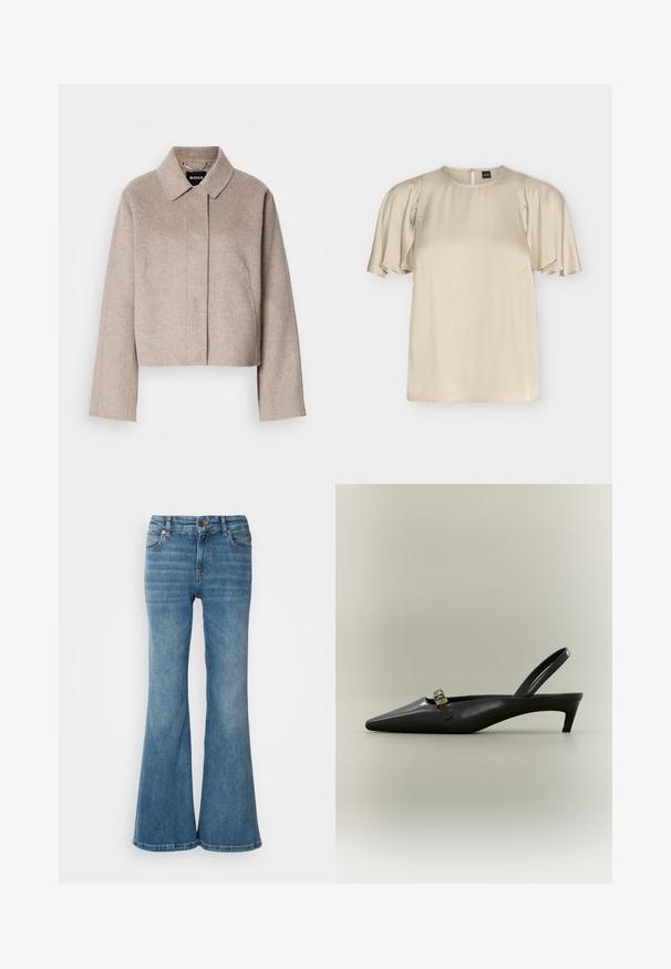 Manteau en laine raccourci de couleur beige clair avec un col, des manches longues et un design de devant épuré. Texture douce sans fermetures visibles.; Blouse en satin couleur crème avec manches courtes volantées et encolure ronde, fermeture éclair au dos.; Jean évasé bleu clair en denim, doté de cinq poches, de coutures visibles, et d'une fermeture à bouton et à zip à la taille.; Escarpin slingback en cuir noir avec talon kitten, bout pointu et petite boucle dorée sur un fond uni.