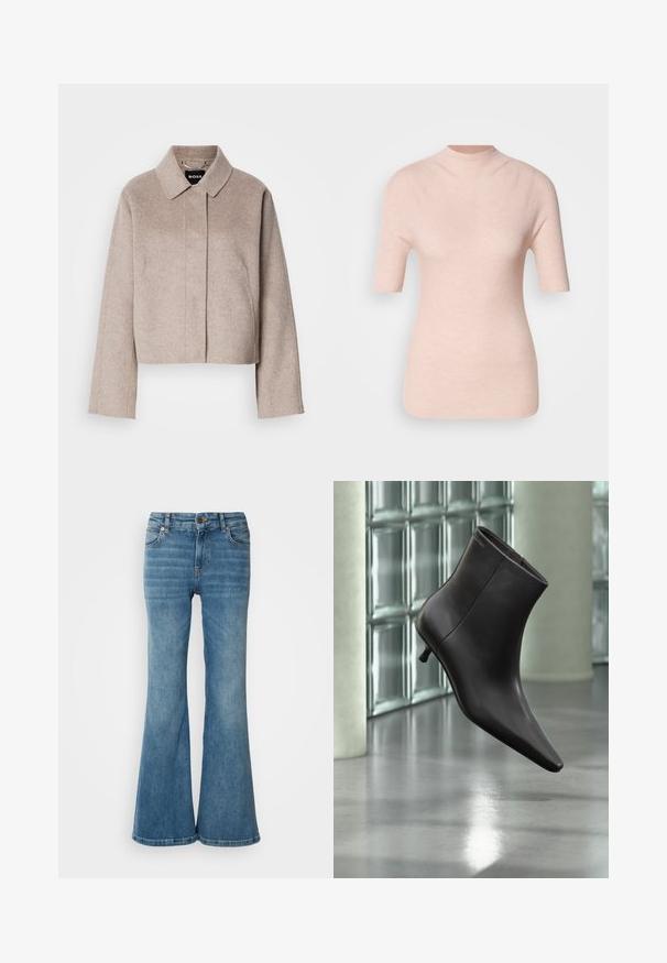 Manteau en laine raccourci de couleur beige clair avec un col, des manches longues et un design de devant épuré. Texture douce sans fermetures visibles.; Haut rose clair à manches courtes avec un col montant, présentant un motif côtelé texturé sur un fond neutre.; Jean évasé bleu clair en denim, doté de cinq poches, de coutures visibles, et d'une fermeture à bouton et à zip à la taille.; Bottine en cuir noir avec bout pointu et petit talon, présentée devant un mur en blocs de verre et un sol poli.