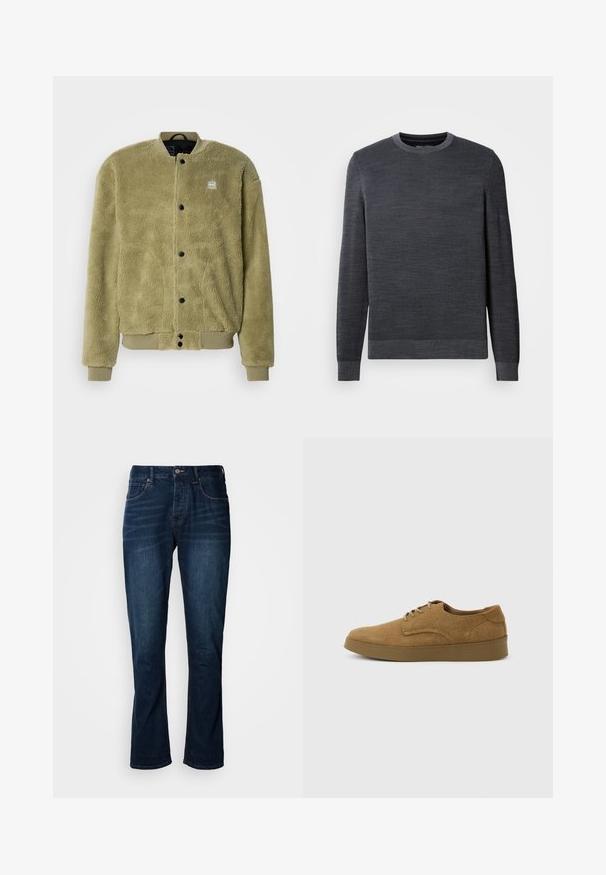 Veste en polaire vert olive avec une surface texturée. Présente un col rond, des détails cousus et des boutons-pression pour la fermeture.; Pull en gris foncé avec un col rond, des manches longues et un tricot texturé. Petit logo sur la poitrine, poignets et ourlet côtelés.; Jeans en denim bleu foncé avec une coupe droite, dotés de coutures orange, d'un bouton en métal et d'un design classique à cinq poches.; Chaussure décontractée à lacets en daim marron avec semelle en caoutchouc plate, vue de côté sur un fond clair uni.