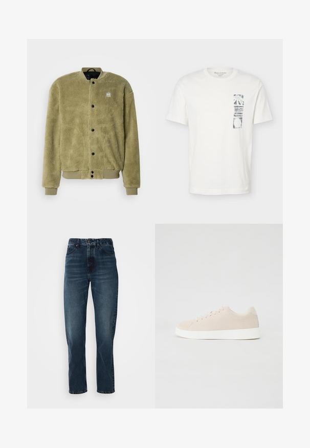 Veste en polaire vert olive avec une surface texturée. Présente un col rond, des détails cousus et des boutons-pression pour la fermeture.; T-shirt blanc à manches courtes avec col rond et graphique abstrait rectangulaire noir sur la partie gauche de la poitrine.; Jeans droits bleu foncé avec fermeture à bouton et zip à l'avant, design à cinq poches, et subtile décoloration sur les cuisses et les genoux.; Baskets en daim beige avec semelles en caoutchouc blanc, bout rond et six œillets pour les lacets. Texture lisse avec un design minimaliste.