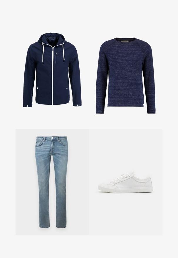 Marineblå vandtæt jakke med hætte, hvide lynlåse og snørehuller. Har en frontlomme med lynlås og to sidelommer med trykknapper. Glat tekstur.; Mørkeblå langærmet sweater med tekstureret vævning, rund halsudskæring og raglanærmer. Har et lille logotag nederst i kanten.; Lys blå jeans med lige ben-design, lavet af denim. Funktioner inkluderer standard lommer, bæltestropper og subtil falmning.; Hvide sneakers med en glat læderoverdel, rund tå, flad gummisål og seks øjestik til snørebånd. Subtile syninger og minimalistisk design.