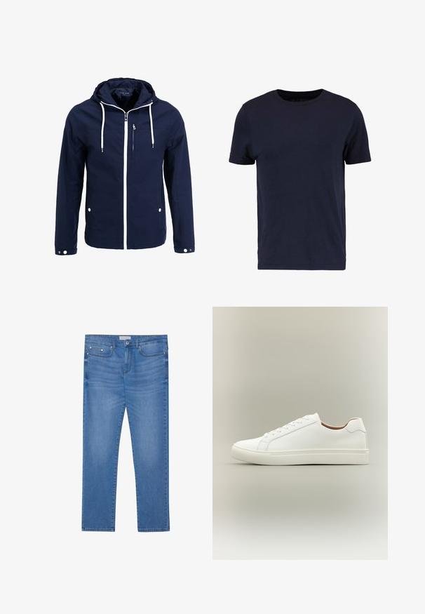 Chaqueta naval impermeable con capucha, cremalleras blancas y cordones. Cuenta con un bolsillo frontal con cremallera y dos bolsillos laterales con snaps. Textura suave.; Pier One Camiseta básica - dark blue; Jeans de mezclilla azul claro con corte recto, diseño de cinco bolsillos, un ligero desgaste y detalles en metal en la cintura y los bolsillos.; Zapatilla blanca de corte bajo con cierre de cordones y suela plana, mostrada de perfil sobre un fondo neutro.