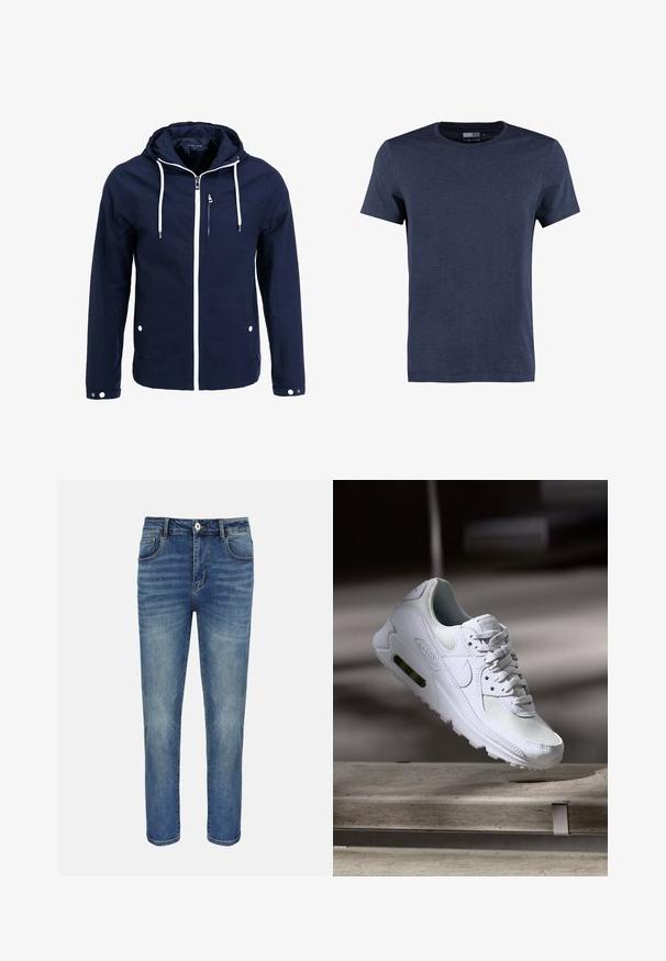 Marineblauwe waterdichte jas met capuchon, witte ritsen en trekkoorden. Voorzien van een voorzak met rits en twee zijzakken met drukknopen. Glad textuur.; Navyblauwe T-shirt met korte mouwen, gemaakt van katoen. Het heeft een ronde hals en een zachte, gemêleerde textuur zonder zichtbare patronen of accenten.; Blauwe straight-leg spijkerbroek met knoop- en ritssluiting aan de voorkant, riemlussen en voor- en achterzakken.; Witte Nike Air Max 90 sneaker met een bovenwerk van mesh en leer, een geperforeerde teenbox en een zichtbare luchtunit in de hiel.