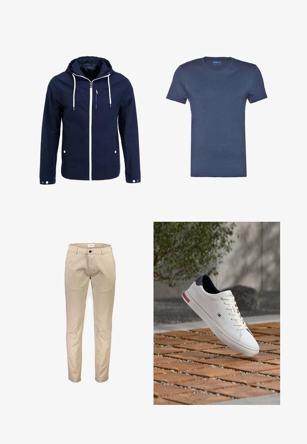 Chaqueta naval impermeable con capucha, cremalleras blancas y cordones. Cuenta con un bolsillo frontal con cremallera y dos bolsillos laterales con snaps. Textura suave.; Camiseta de algodón azul marino con cuello redondo, mangas cortas y una textura lisa y sólida. Sin patrones ni detalles de hardware visibles.; Pantalones de algodón beige con diseño de pierna recta, que cuentan con bolsillos delanteros, cierre de cremallera y un solo botón. Textura lisa, sin estampados.; Zapatilla deportiva de piel blanca con lengüeta en el talón de color azul marino y pequeño logo rojo, blanco y azul que flota sobre una superficie de madera y piedras al aire libre.