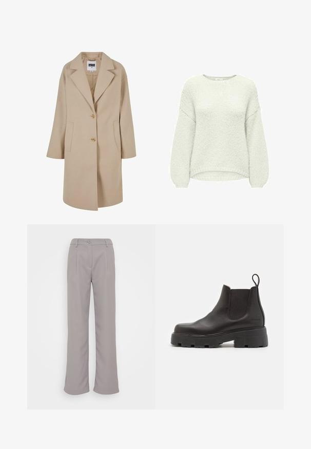 Manteau en mélange de laine beige avec un col à revers, deux boutons, poches latérales et coupe loose. Présente une finition lisse et texturée.; Pull en tricot gris clair avec une coupe décontractée, un col rond et des manches ballon avec des poignets et un ourlet côtelés. Texture douce, sans motifs.; Pantalons gris à jambes larges avec une texture lisse. Comprend des plis avant, une fermeture à bouton et des poches latérales. Design classique pour un usage polyvalent.; Copenhagen Studios CPH155 - Bottines à plateau - black