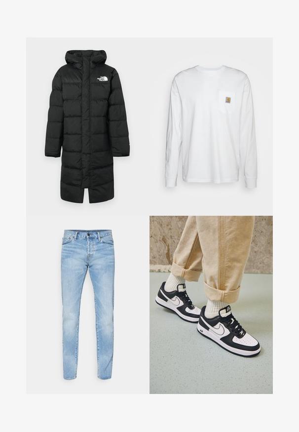 Schwarze Steppjacke mit Kapuze, mit einem Logo auf der Brust, gesteppten Abschnitten und langen Ärmeln. Das Material wirkt glatt und isolierend.; Langärmliges, weißes Hemd aus Baumwolle mit einer Brusttasche und einem quadratischen Logopatch. Einfaches Design mit rundem Ausschnitt und gefütterten Ärmeln.; Hellblaues Denim-Jeans mit geradem Schnitt, fünf Taschen Design und Knopfverschluss. Merkmale sind dezente Ausbleichungen und Kontrastnähte.; Schwarz-weiße Nike Air Force 1 Sneaker mit einem Obermaterial aus Leder, perforierter Zehenpartie und strukturiertem Sohlendesign, getragen mit aufgerollten beigen Hosen und weißen Socken.