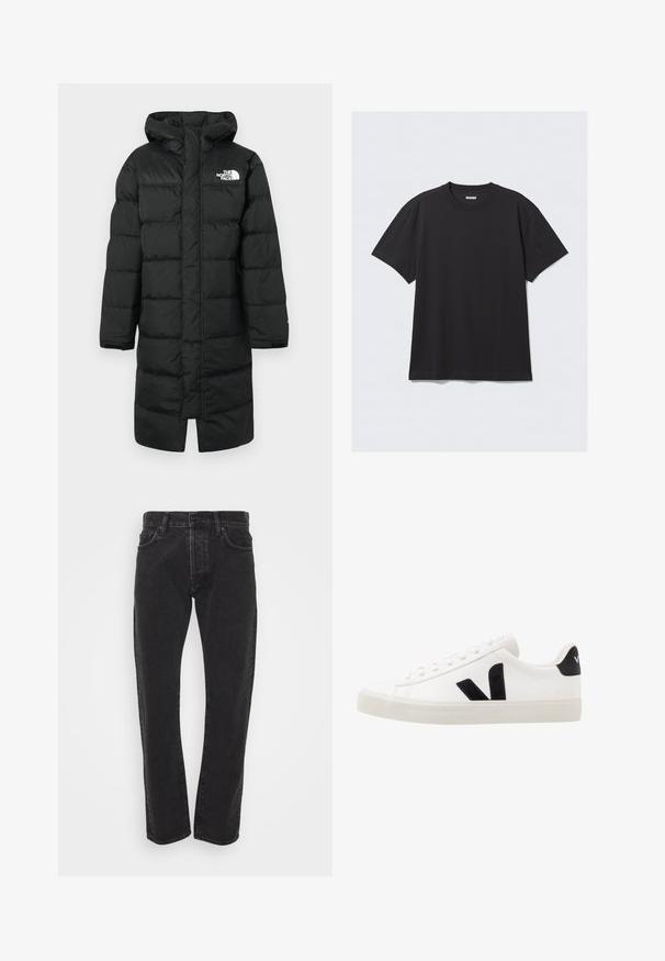 Schwarze Steppjacke mit Kapuze, mit einem Logo auf der Brust, gesteppten Abschnitten und langen Ärmeln. Das Material wirkt glatt und isolierend.; Schwarzes T-Shirt mit kurzen Ärmeln aus Baumwolle. Hat einen Rundhalsausschnitt und eine lockere Passform. Einfaches Design ohne sichtbare Muster oder Akzente.; Schwarze gerade geschnittene Jeans für Herren mit vorderem Knopf und Reißverschluss, fünf Taschen und Gürtelschlaufen auf einem schlichten weißen Hintergrund.; Weiße Leder-Sneaker mit schwarzen Wildlederelementen; verfügen über eine Gummisohle, eine runde Spitze und ein klassisches Schnürdesign. Seitliches Logo in Schwarz.
