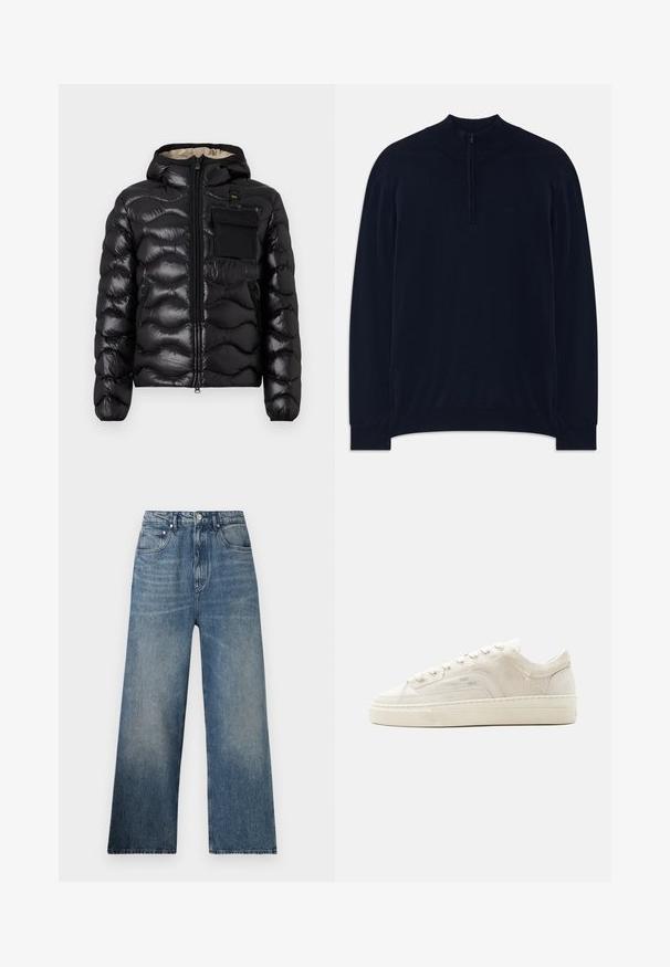 Doudoune noire avec capuche, design matelassé, fermeture éclair à l'avant et poche poitrine. Fabriquée en tissu brillant et texturé avec des poignets élastiques.; Pull en maille bleu marine avec un col zippé, un encolure et des poignets côtelés. Texture douce et manches longues, avec un petit détail de logo.; Jean large en denim bleu à taille haute, avec une légère décoloration, cinq poches et une fermeture à bouton en métal à l'avant.; Baskets basses blanches avec fermeture à lacets, tige en tissu texturé et semelle épaisse en caoutchouc, vues de côté extérieur sur un fond uni.