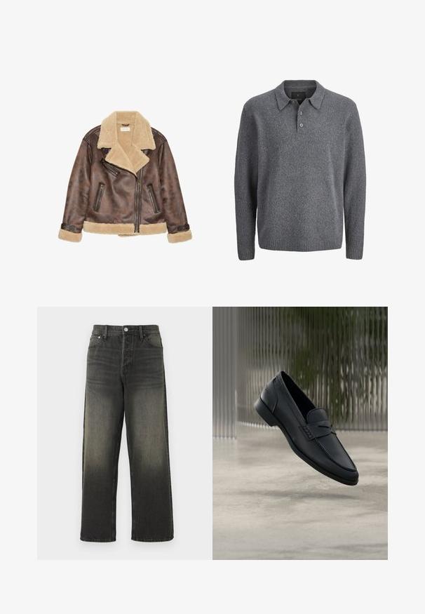 Chaqueta de cuero marrón con cuello y forro de shearling beige, que presenta cremalleras diagonales y detalles de costura en los puños y el dobladillo.; Suéter gris de punto con mangas largas, puños y dobladillo acanalados, cuello con solapa y tapeta con tres botones.; Jeans de mezclilla negra con un corte relajado, que presentan una cintura alta, herrajes plateados y una textura deslavada con sutiles pliegues. Piernas rectas sin adornos.; Zapato tipo mocasín de cuero negro con acabado liso, punta puntiaguda y detalles cosidos en la pala. Tacón bajo y diseño minimalista.