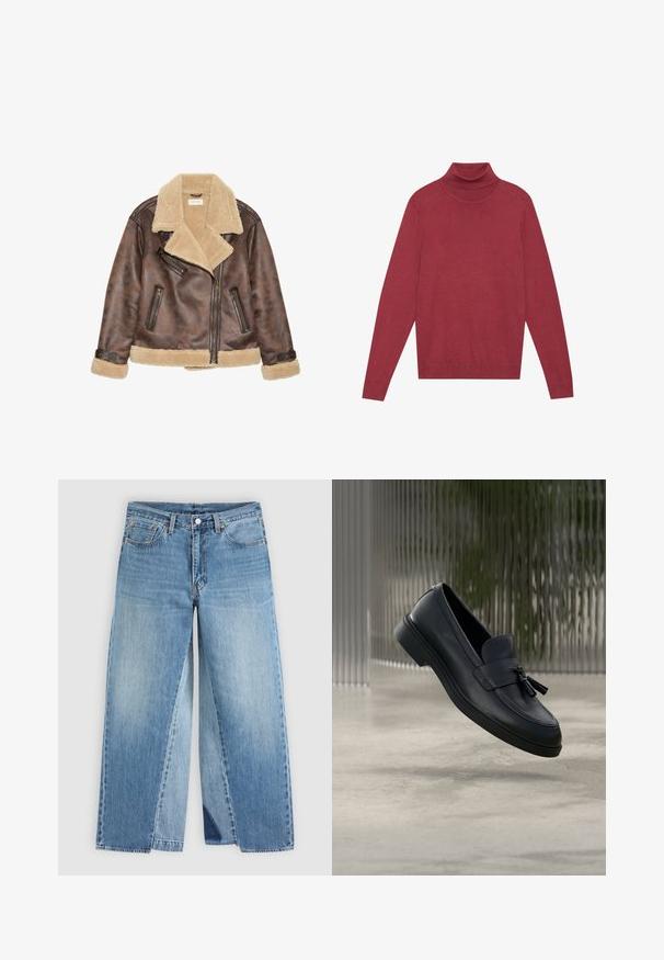 Chaqueta de cuero marrón con cuello y forro de shearling beige, que presenta cremalleras diagonales y detalles de costura en los puños y el dobladillo.; Suéter de cuello alto rojo hecho de un suave tejido de punto. Presenta mangas largas y un diseño ajustado. Textura suave sin patrones ni herrajes visibles.; Vaqueros de mezclilla azul con pierna recta, diseño clásico de cinco bolsillos y cierre frontal con botones, mostrados planos sobre un fondo neutro.; Mocasines de cuero negro con textura suave, punta redondeada y borlas decorativas en el frente. Suela de goma flexible con tacón bajo.