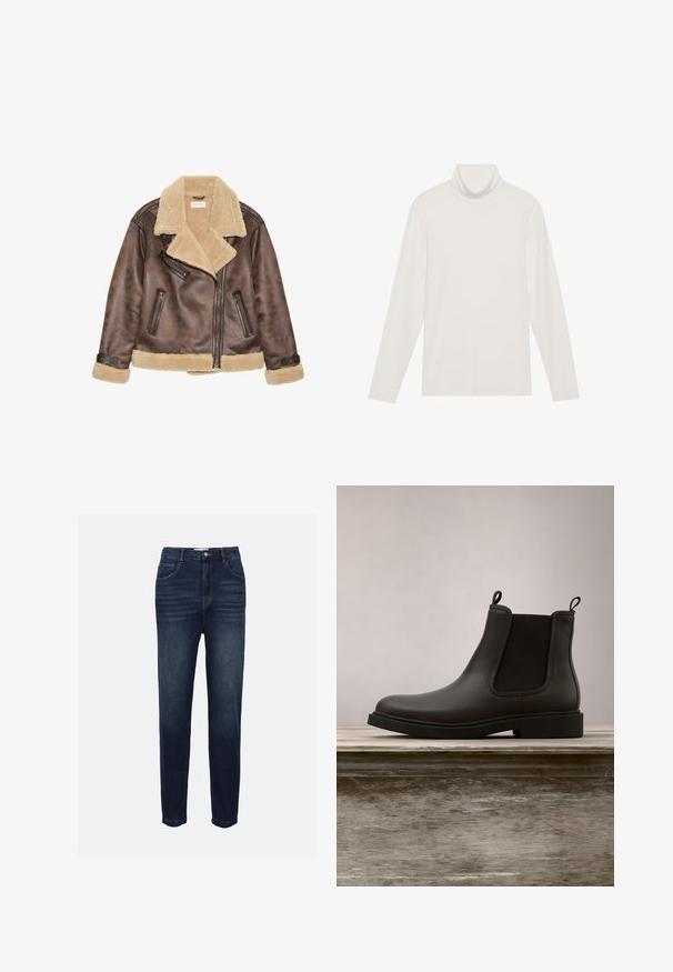 Chaqueta de cuero marrón con cuello y forro de shearling beige, que presenta cremalleras diagonales y detalles de costura en los puños y el dobladillo.; Top de manga larga con cuello alto en blanco. Tejido suave y elástico con una silueta ajustada. Presenta un cuello alto y un detalle de costuras mínimas.; Jeans de mezclilla azul oscuro con un corte recto, que cuentan con bolsillos delanteros y sutiles detalles de costura horizontal. Diseño clásico de cinco bolsillos.; Botín Chelsea de cuero negro con paneles laterales elásticos y tiradores, flotando sobre un banco de madera al aire libre con un fondo de hierba.