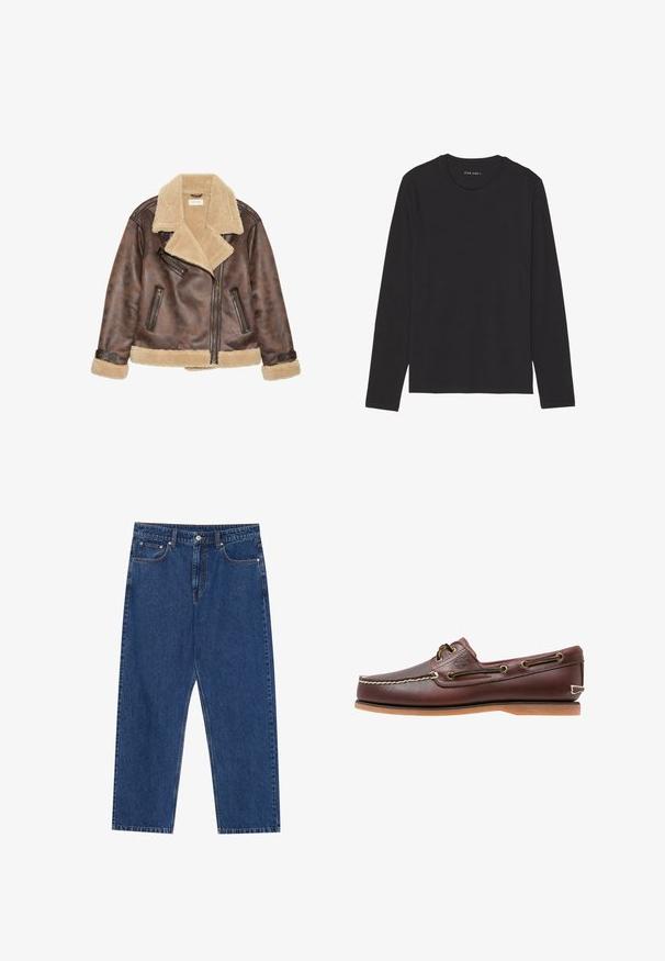 Chaqueta de cuero marrón con cuello y forro de shearling beige, que presenta cremalleras diagonales y detalles de costura en los puños y el dobladillo.; Camiseta negra de manga larga hecha de tela suave y ligera. Presenta un cuello redondo y un dobladillo recto. Sin patrones ni adornos visibles.; Jeans de denim en azul oscuro, con un corte recto, bolsillos frontales y una bragueta de botones con costuras en contraste en toda la prenda.; Zapato náutico de cuero marrón con costuras blancas, detalles de cordones y suela de goma color coñac, mostrado de lado sobre un fondo blanco.