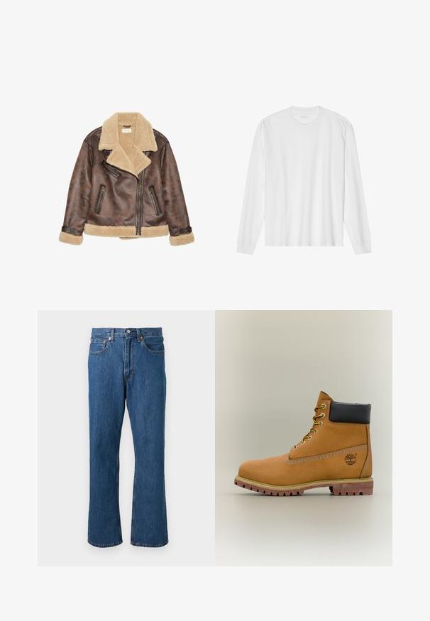 Chaqueta de cuero marrón con cuello y forro de shearling beige, que presenta cremalleras diagonales y detalles de costura en los puños y el dobladillo.; Camiseta blanca de algodón de manga larga con cuello redondo, con puños acanalados y dobladillo recto, textura suave y diseño minimalista.; Vaqueros azules de corte recto con botón y cremallera delanteros, cinco bolsillos y detalles de costuras naranjas sobre un fondo liso.; Bota de tobillo de cuero marrón con cuello negro, cordones amarillos y suela beige. Presenta un logotipo y detalles de costura blanca. Suela exterior con tracción robusta.