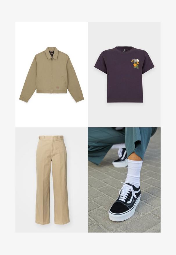 Khaki bomberjakke med lynlås foran, spidse kraver, sidelommer og en lomme på venstre ærme; lavet af slidstærkt bomuldsstof.; Lilla bomuld T-shirt med rund hals, der har et broderet blomsterdesign og logo på venstre brystområde. Korte ærmer, afslappet pasform.; Beige brede benbukser lavet af bomuld, med bæltestropper, lynlås og kontrast stitching langs sømmene.; Sorte ruskinds sneakers med hvide accenter og snørebånd, der har en tyk hvid sål og kontrasterende syninger, parret med en hvid sok.