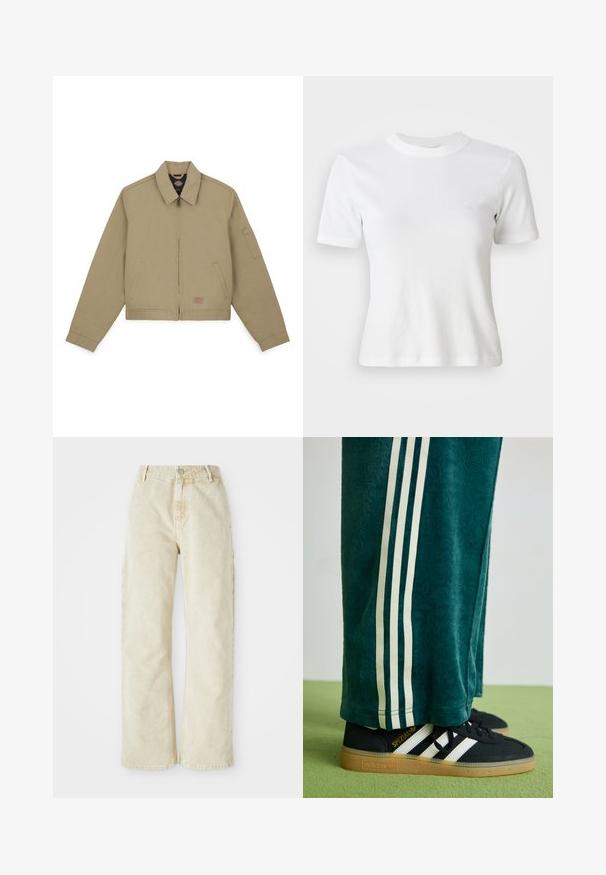 Khaki bomber jacket, mille lukuga, terava kaelus, küljetaskud ning vasakul varrukal tasku; valmistatud vastupidavast puuvillakattest.; Valge soonikkoes lühikeste varrukatega T-särk ümmarguse kaelusega ja väikese logoga rinnal. Valmistatud pehmest kangast ja sobib hästi selga.; Beezikad laiad denimpüksid kõrge taljega, millel on ees nupp ja luku sulgemine, vöölapid ja küljetaskud. Pehme tekstuur.; Rohelised tekstureeritud püksid valgete külgriidega, kombineeritud mustade Adidas jalgadega, millel on kolm valget triipu ja kummi tald.