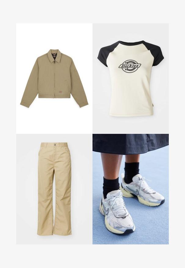 Khaki bomberjakke med lynlås foran, spidse kraver, sidelommer og en lomme på venstre ærme; lavet af slidstærkt bomuldsstof.; Creme t-shirt med sorte raglan ærmer, der har et cirkulært logo med teksten "Dickies" i midten, sat mod en hvid baggrund.; Beige bomuldsbukser med brede ben og en glat tekstur, der har forlommer og en sølvknap i taljen.; Hvide og sølv Nike sneakers med mesh-stof, reflekterende detaljer og en beige sål. Bæres med sorte sokker og står på en blå overflade.