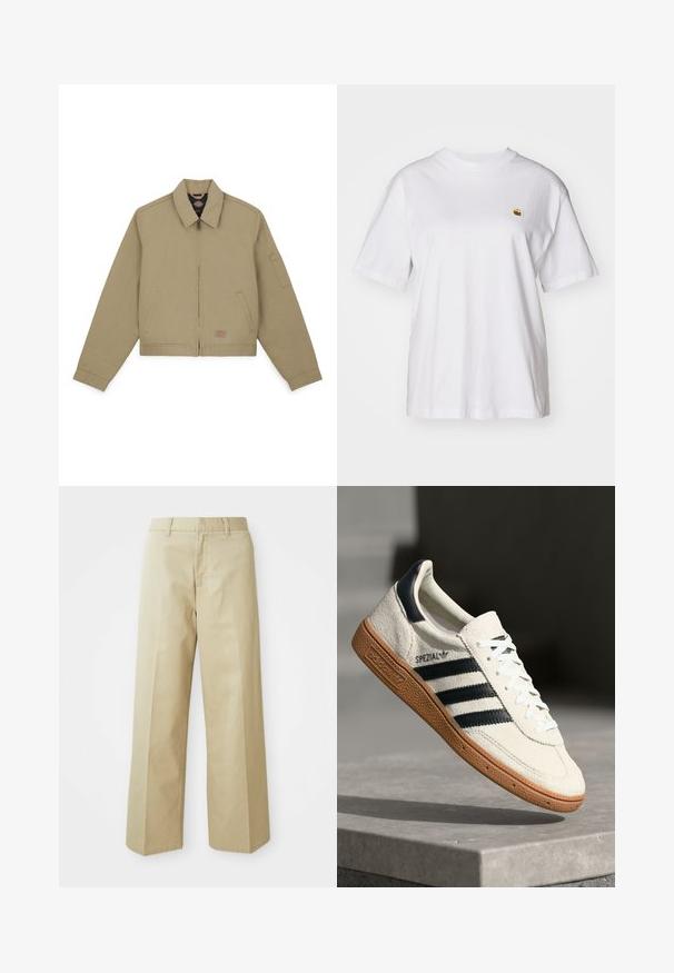 Khaki bomber jacket, mille lukuga, terava kaelus, küljetaskud ning vasakul varrukal tasku; valmistatud vastupidavast puuvillakattest.; Valge puuvillane T-särk, millel on lõdva lõikega, lühikesed varrukad ja väike broderi logo vasakul rinnakarpi.; Beezid laiad püksid, mis on valmistatud siledast puuvillast. Omavad sirget lõiget, vöökonnapanemeid ja esipocketeid.; Valge suede toss, millel on tumesinised triibud, kummist alus, tekstureeritud pealis, ümar varvas ja paelad; külgedel ja keelel on brändingu elemendid.