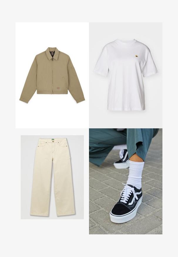 Χακί μπομπερί jacket με φερμουάρ μπροστά, μυτερό γιακά, πλαϊνές τσέπες και τσέπη στον αριστερό μανίκι; κατασκευασμένο από ανθεκτικό βαμβακερό ύφασμα.; Λευκό βαμβακερό μπλουζάκι με χαλαρή εφαρμογή, κοντά μανίκια, και ένα μικρό κεντητό λογότυπο στην αριστερή περιοχή του στήθους.; Μπεζ τζιν με φαρδιά πόδια, με κουμπί κλεισίματος, χρυσές ραφές, πέντε τσέπες και μια πράσινη ταυτότητα μάρκας στη μέση. Σχέδιο μέσου ύψους.; Μαύρο σουέτ sneaker με λευκές λεπτομέρειες και κορδόνια, με παχύ λευκό πάτο και αντίθετη ραφή, συνοδευόμενο από λευκή κάλτσα.