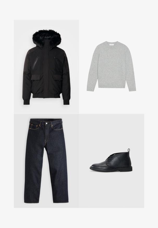 Veste isolante noire avec une capuche en fausse fourrure, poches zippées sur la poitrine et poches latérales à rabat. Elle dispose de poignets et d'un bas élastiques pour un ajustement serré.; Pull en laine gris clair avec un col rond, des manches longues et des poignets et ourlet côtelés. Texture douce avec un design solide et minimal.; Jean en denim bleu foncé avec une coupe droite, cinq poches, des coutures orange contrastantes et une fermeture à boutons. Pas de motifs ou d'ornements visibles.; Botte noire en cuir jusqu'à la cheville avec un laçage à l'avant, bout rond et une languette à l'arrière sur une semelle plate en caoutchouc.