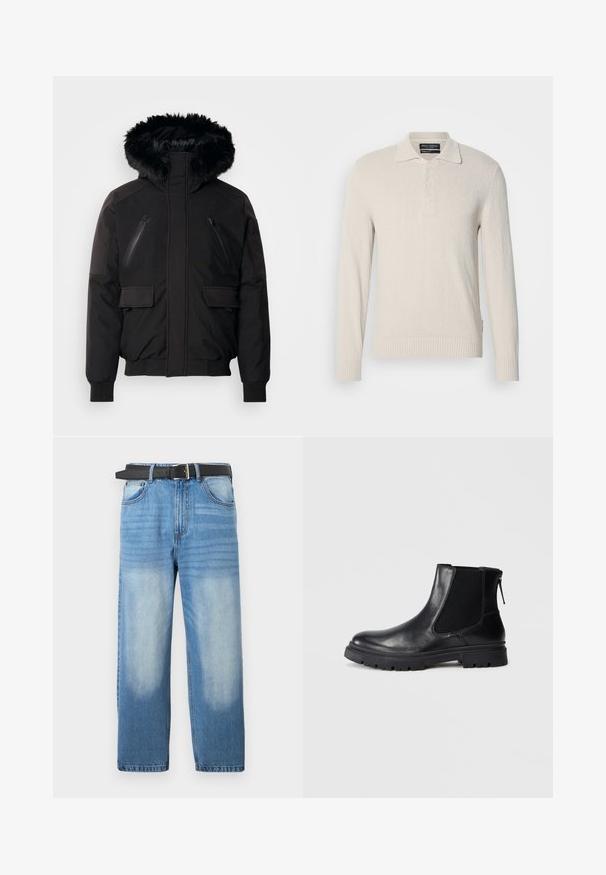 Zwarte geïsoleerde jack met een nepbont capuchon, ritszakken op de borst en zijflapzakken. Beschikt over elastische manchetten en een zoom voor een snug fit.; Lichtbeige lange mouw polo trui in een zachte brei met een gestructureerd oppervlak, voorzien van een klassieke kraag en een drieknoopsluiting.; Lichtblauwe denim jeans met een rechte pijp, voorzien van een zwarte riem, vervaagde vlekken en subtiele diagonale textuur op het bovenste gedeelte.; Zwarte leren enkelboot met een gladde afwerking, elastische mesh zijkanten en een robuuste zool met een zichtbaar profiel.