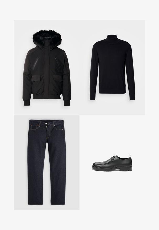 Veste isolante noire avec une capuche en fausse fourrure, poches zippées sur la poitrine et poches latérales à rabat. Elle dispose de poignets et d'un bas élastiques pour un ajustement serré.; Pull à col montant noir en tissu doux. Doté de manches longues, d'un col et de poignets côtelés, avec une texture lisse et sans motifs.; Jean droit bleu foncé avec braguette à boutons, poches avant et arrière, et détails en rivets de cuivre sur un fond gris clair.; Chaussures en cuir noir avec une finition lisse, bout arrondi et coutures décoratives. Elles possèdent une semelle en caoutchouc avec des rainures de traction et un laçage.