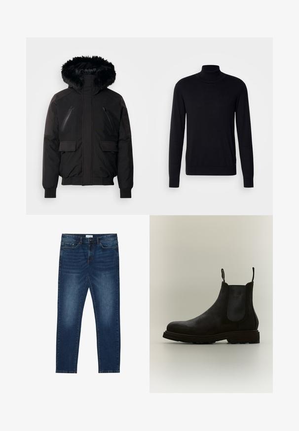 Veste isolante noire avec une capuche en fausse fourrure, poches zippées sur la poitrine et poches latérales à rabat. Elle dispose de poignets et d'un bas élastiques pour un ajustement serré.; Pull à col montant noir en tissu doux. Doté de manches longues, d'un col et de poignets côtelés, avec une texture lisse et sans motifs.; Jean slim-fit bleu foncé avec des détails délavés, design classique à cinq poches, fermeture à bouton et passants de ceinture.; Botte Chelsea en cuir noir avec panneau latéral élastique, languettes à l'avant et à l'arrière, et semelle texturée sur fond clair.