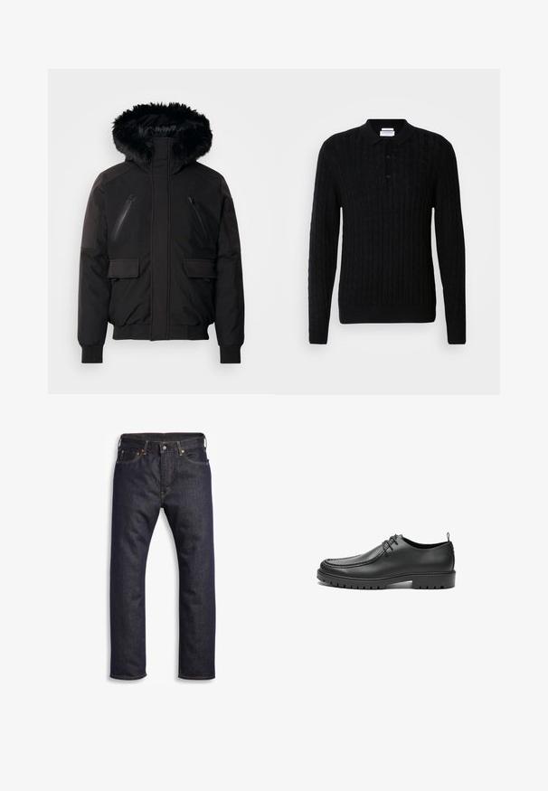 Veste isolante noire avec une capuche en fausse fourrure, poches zippées sur la poitrine et poches latérales à rabat. Elle dispose de poignets et d'un bas élastiques pour un ajustement serré.; Pull en tricot noir avec un motif en torsades, manches longues et col polo. Présente trois boutons à l'avant et des poignets et un ourlet côtelés.; Jean en denim bleu foncé avec coupe droite, design à cinq poches, matériel en métal et surpiqûres orange contrastantes. Texture lisse, sans motifs visibles.; Chaussures en cuir noir avec une finition lisse, bout arrondi et coutures décoratives. Elles possèdent une semelle en caoutchouc avec des rainures de traction et un laçage.