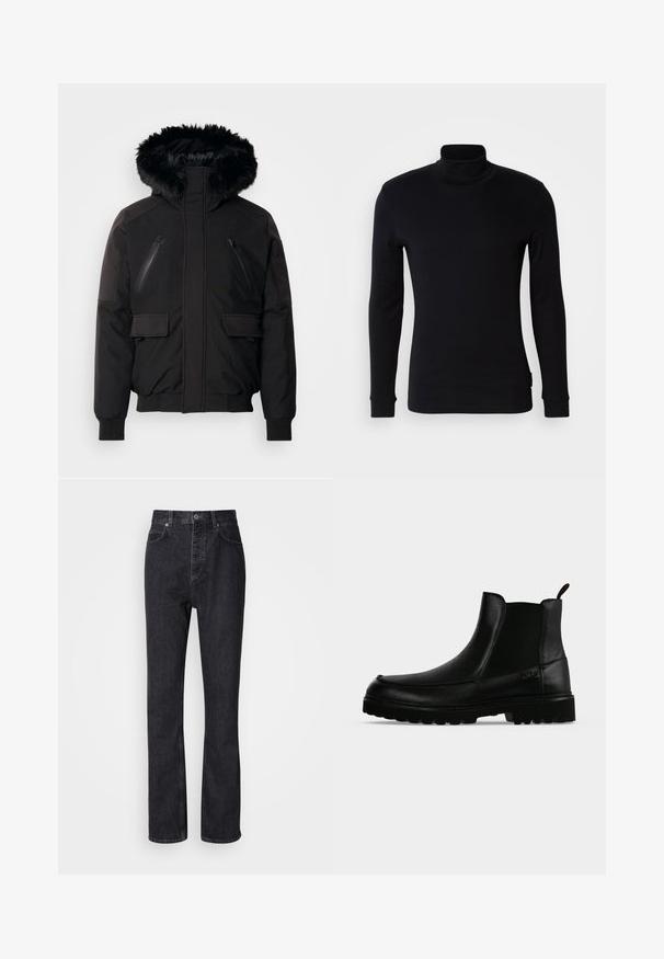 Zwarte geïsoleerde jack met een nepbont capuchon, ritszakken op de borst en zijflapzakken. Beschikt over elastische manchetten en een zoom voor een snug fit.; Zwarte langemouw turtleneck shirt gemaakt van zachte stof. Heeft een aansluitend ontwerp met ribbels aan de mouwen en een gladde textuur. Geen patronen of logo's.; Hoge taille zwarte denim jeans met een knoop- en ritssluiting, voor- en achterzakken en een rechte pasvorm.; Zwarte leren enkellaars met een gestructureerde zool, elastische zijpanelen en een trekriempje op een lichtgrijze achtergrond.