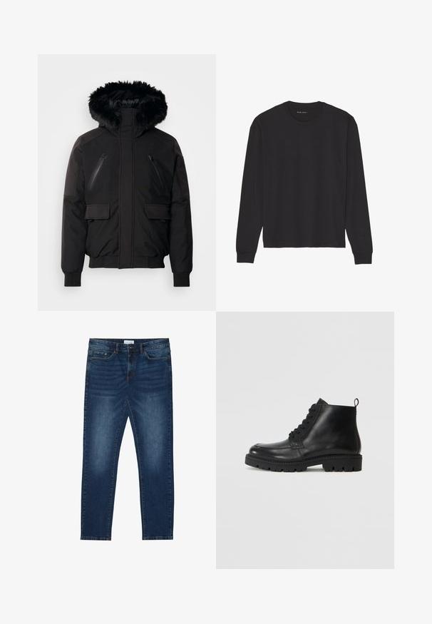 Schwarze isolierte Jacke mit einer Kapuze aus Kunstfell, mit Reißverschluss versehenen Brusttaschen und seitlichen Klappentaschen. Verfügt über elastische Bündchen und einen elastischen Saum für einen engen Sitz.; Schwarzes Langarm-T-Shirt aus weicher Baumwolle. Verfügt über einen klassischen Rundhalsausschnitt, gerippte Bündchen und eine lockere Passform. Einfaches Design, keine Muster.; Dunkelblaue Slim-Fit-Jeans mit ausgewaschenen Details, klassischem Fünf-Taschen-Design, Knopfverschluss und Gürtelschlaufen.; Schwarze Leder Stiefeletten mit runder Zehe, Schnürverschluss und strukturiertem Gummisohle. Mit einer Ziehlasche an der Ferse für einfaches Anziehen.