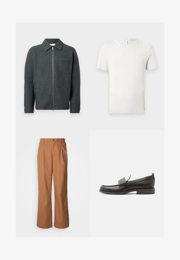 Veste en laine vert foncé avec un col, fermeture éclair devant et poche poitrine unique. Présente une finition texturée et une coupe décontractée.; T-shirt blanc uni à manches courtes et col rond, étalé à plat sur un fond gris clair, avec une petite étiquette en tissu au niveau du col.; Pantalon à jambes larges en tissu marron chaud, avec fermeture à boutons sur le devant, plis subtils et coupe droite pour une tenue décontractée.; Mocassin homme en cuir marron foncé avec panneau en tissu écru et détail classique de bride cousue, semelle plate et languette au talon.