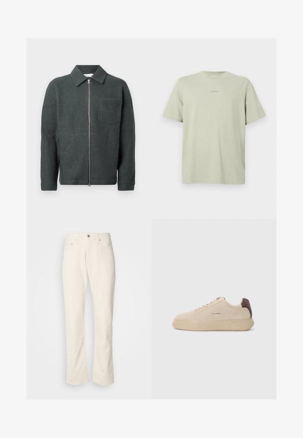 Veste en laine vert foncé avec un col, fermeture éclair devant et poche poitrine unique. Présente une finition texturée et une coupe décontractée.; T-shirt en coton vert clair avec un col rond, des manches courtes et un petit logo Calvin Klein imprimé en une teinte plus foncée sur la poitrine.; Jeans en coton beige avec un design classique à jambe droite, comportant une fermeture à bouton à l'avant, cinq poches et des détails de couture subtils.; Baskets en daim beige avec un bout rond, lacets à l'avant et un accent en daim marron sur le talon. Dotées d'une semelle en caoutchouc texturé.