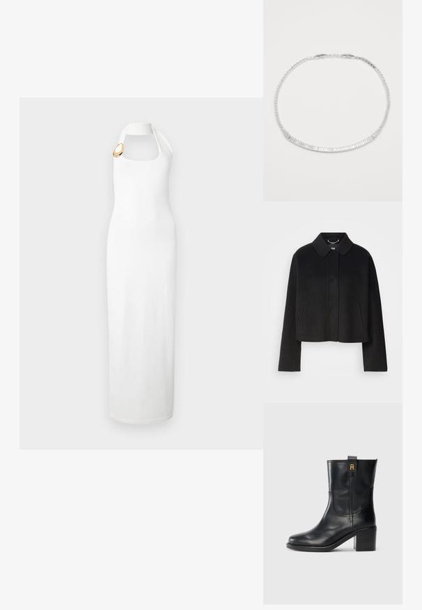 Cazadora corta negra con cuello, cierre de botones y mangas largas. Fabricada con un tejido suave, con costuras mínimas y sin adornos visibles.; Vestido maxi sin mangas blanco con escote cuadrado y detalle de broche circular dorado en el hombro izquierdo.; Botas de cuero negras hasta la mitad de la pantorrilla con tacón cuadrado y logo dorado "TH" en la lengüeta, sobre fondo blanco.; Collar de plata con piedras transparentes rectangulares dispuestas en una sola fila, con cierre de gancho sobre un fondo blanco.
