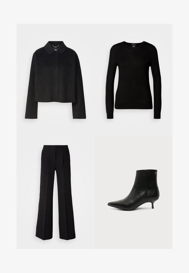 Schwarze, kurze Jacke mit Kragen, Knopfverschluss und langen Ärmeln. Hergestellt aus glattem Stoff mit minimalen Nähten und ohne sichtbare Verzierungen.; Schwarzer Pullover aus feinem Strickmaterial, mit rundem Halsausschnitt und langen Ärmeln mit enganliegenden Bündchen. Keine sichtbaren Muster oder Verzierungen.; Schwarze Hose aus glattem Stoff, mit hohem Bund, weitem Schnitt und zwei vorderen Falten für zusätzlichen Designakzent.; Schwarzer Leder-Knöchel-Stiefel mit spitzer Spitze und niedrigem Kittenabsatz vor hellem Hintergrund, seitliche Ansicht.
