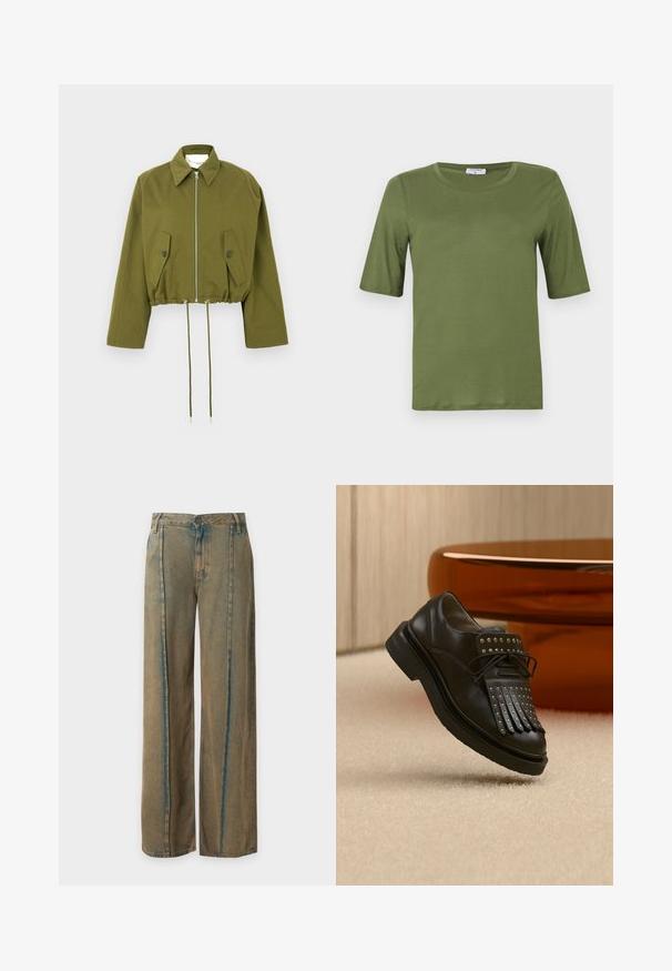 Veste courte couleur olive en tissu doux avec fermeture éclair devant, col pointu, deux poches à rabat et cordon de serrage ajustable à la taille.; T-shirt à manches courtes vert olive en tissu lisse, doté d'un col rond et d'une coupe droite sans motifs ou accents visibles.; Jean en denim marron à jambes droites avec plis verticaux bleus décolorés et fermeture à bouton à la taille, présenté sur un fond uni.; Chaussure en cuir noire à lacets avec franges décoratives et clous métalliques posée sur un tapis beige près d'un meuble marron.