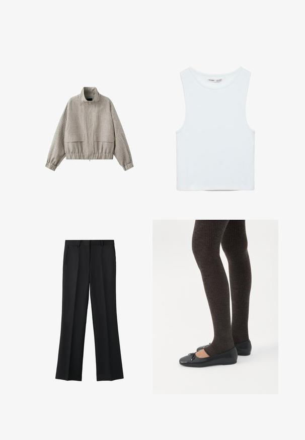 Veste zippée à carreaux beige et gris clair avec col montant, manches longues, ourlet élastiqué et poches avant à rabat.; Crop top blanc sans manches avec col rond, en tissu lisse, étiqueté Pull&Bear, adapté pour un usage décontracté.; Pantalon formel noir droit avec pli devant, poches latérales et passants de ceinture, présenté sur fond blanc.; Jambes portant des leggings côtelés foncés associés à des ballerines noires avec de petits détails en nœud sur fond blanc.