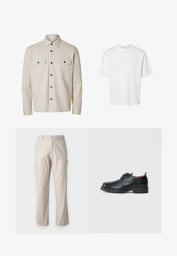 Camisa beige de manga larga con botones negros, dos bolsillos con solapa en el pecho con cierre de botón y cuello puntiagudo.; Camiseta blanca lisa de manga corta con cuello redondo y corte holgado mostrada sobre un fondo blanco.; Pantalones de cargo beige hechos de algodón resistente con piernas rectas, cierre frontal con botón y bolsillos laterales para mayor utilidad. Textura suave con costuras sutiles.; Zapatos derby de cuero negro con una textura suave, punta redondeada, diseño de cordones y una suela de goma gruesa y resistente.