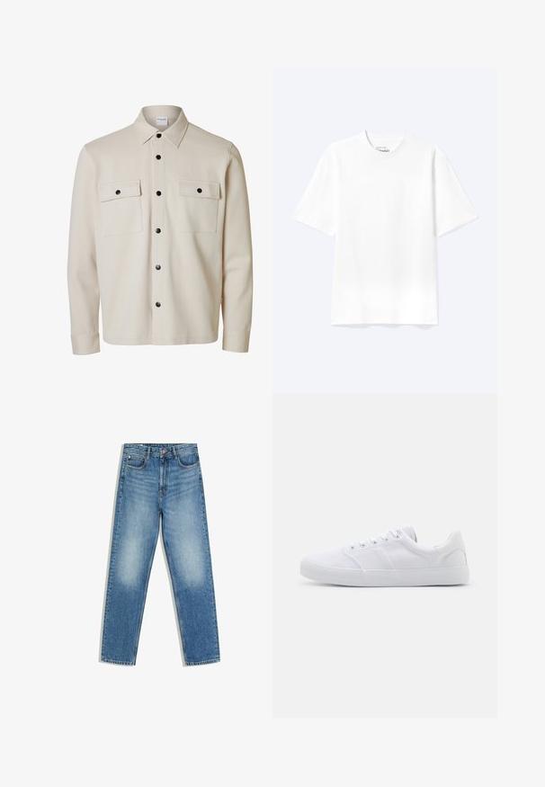 Beige langærmet skjorte med sorte knapper, to brystlommer med klap og knaplukning samt en spids krave.; Enkel hvid T-shirt med korte ærmer og rund hals med afslappet pasform, vist på en lys baggrund.; Blå denimjeans med høj talje, forreste knap og lynlås, to forlommer og falmede områder på lår og knæ.; Hvide lærreds sneakers med gummisål, der har seks snørehuller, en struktureret tåkap og et minimalistisk design.